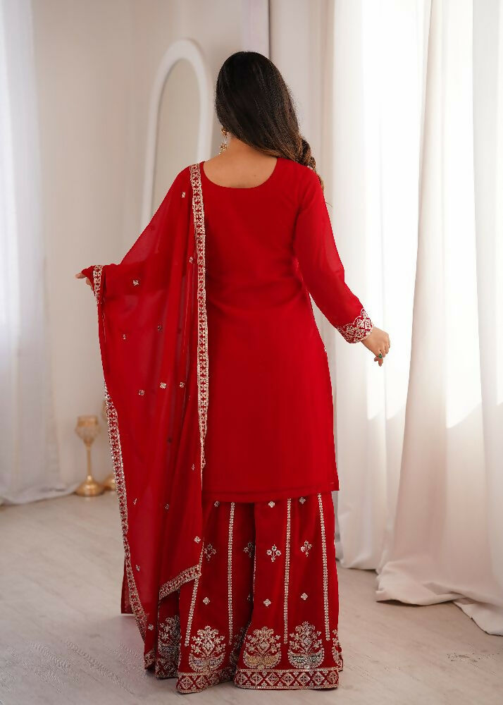 Teeya Creation Red Color Faux Georgette Heavy Embroidery Work Functional Wear Palazzo Set