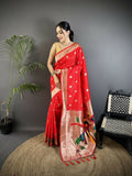 Joban Fashion Red Peacock & Floral Motifs Soft Silk Kanchipuram Saree