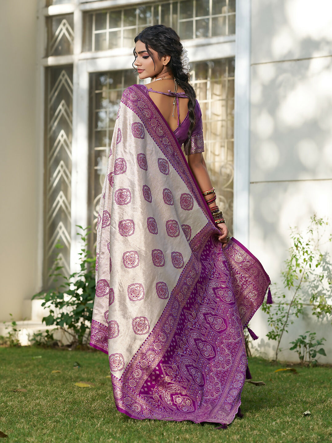 Shree Shyam Fashion Cream With Purple Silk Blend Saree