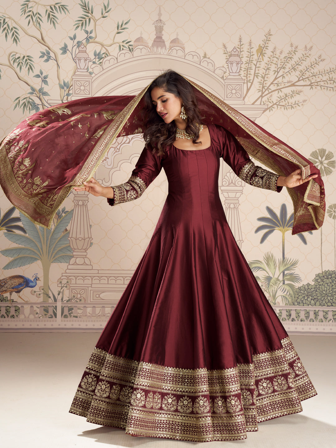 Evanik Women Maroon Embroidered Design Wedding Gown with Dupatta
