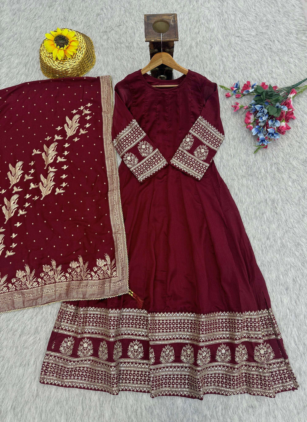 Evanik Women Maroon Embroidered Design Wedding Gown with Dupatta
