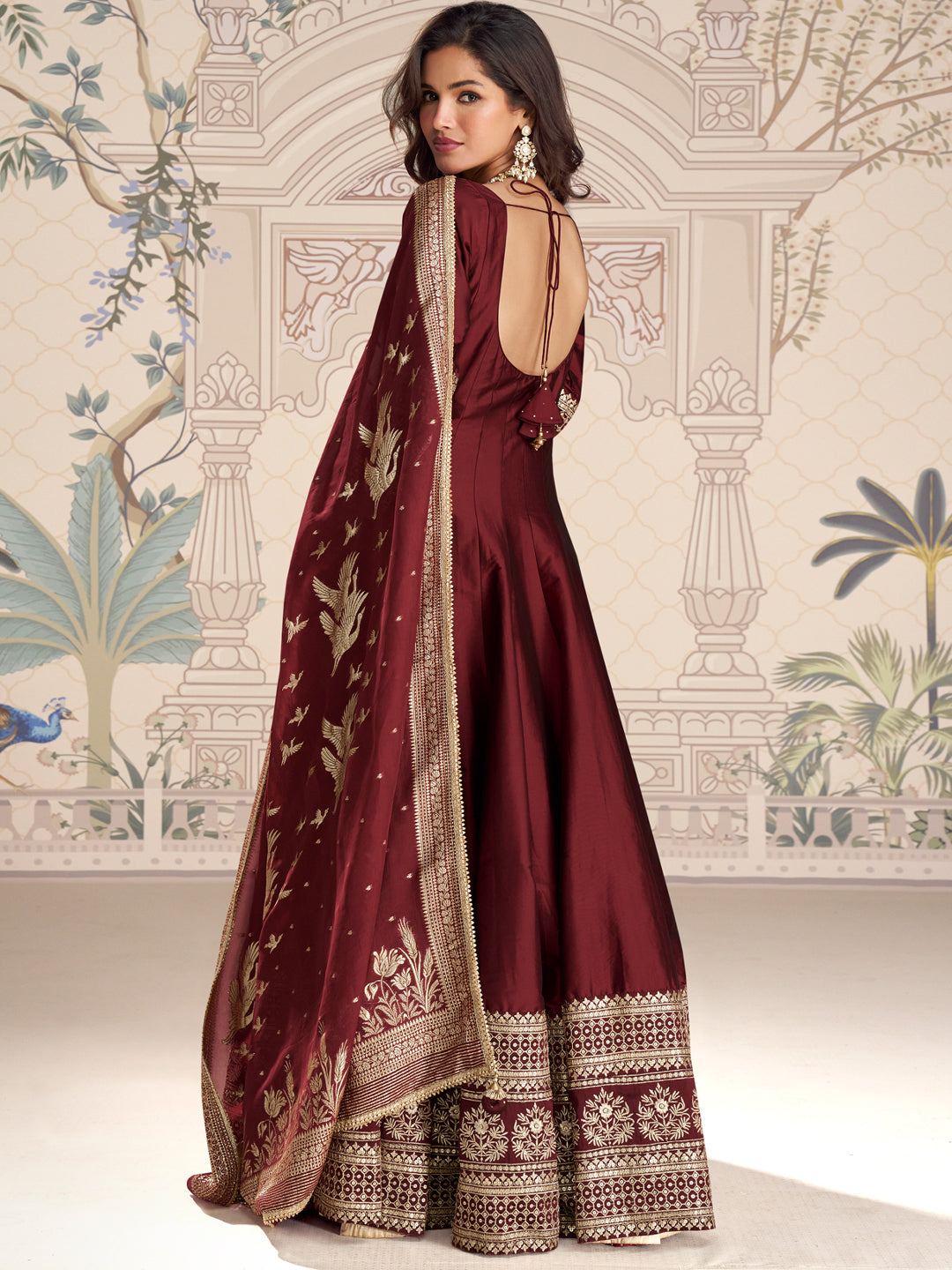 Evanik Women Maroon Embroidered Design Wedding Gown with Dupatta