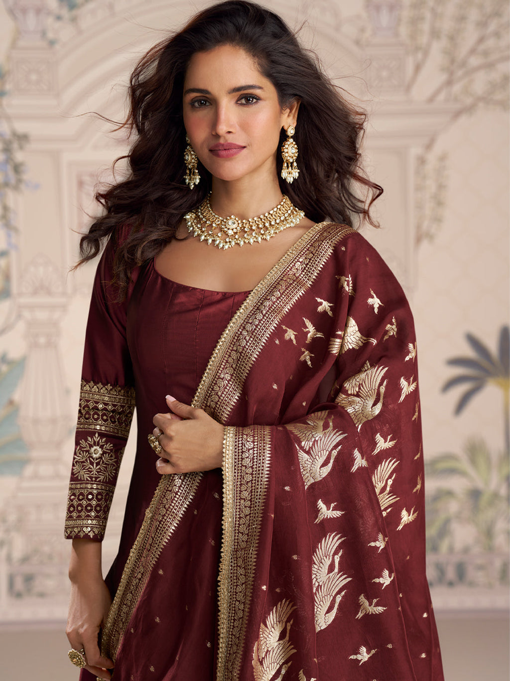 Evanik Women Maroon Embroidered Design Wedding Gown with Dupatta