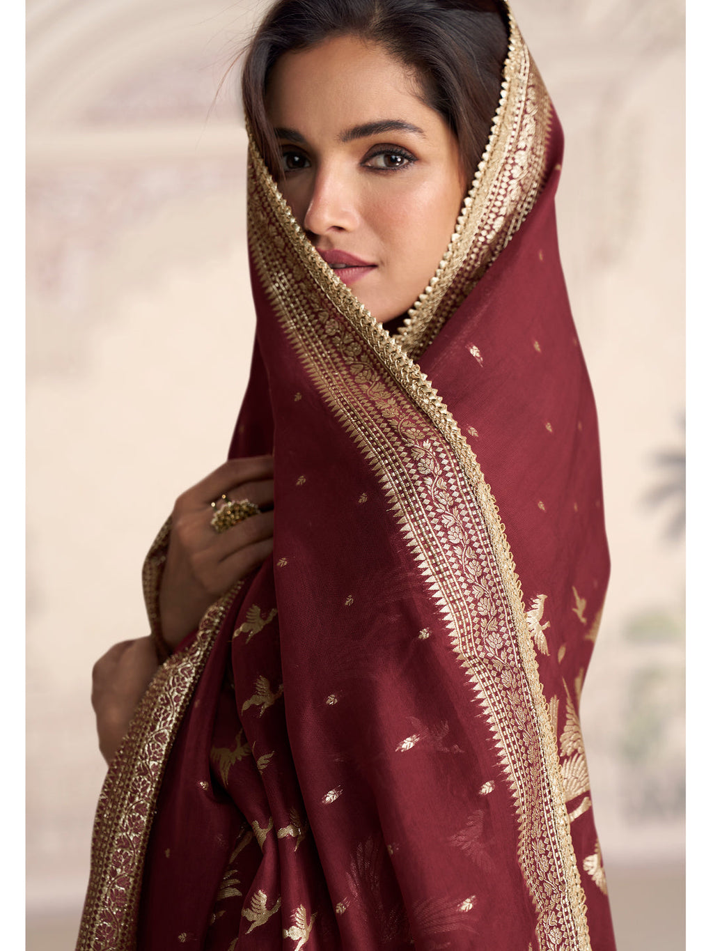 Evanik Women Maroon Embroidered Design Wedding Gown with Dupatta