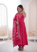 Teeya Creation Pink Color Roman Silk Embroidery Work Party Wear Gown