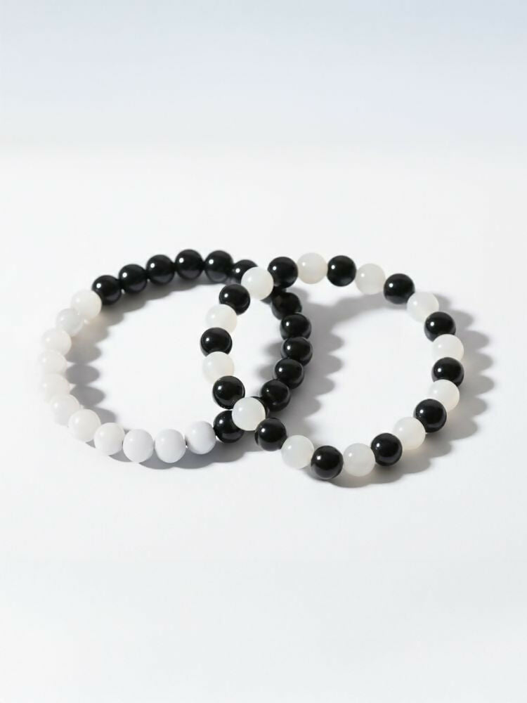 NVR Set of 2 Black & White crystal beaded Bracelet for Men & Women