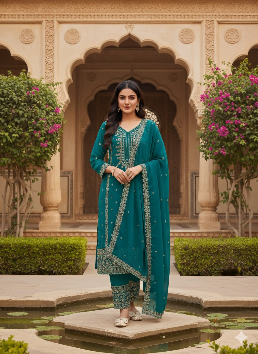 Teeya Creation Teal Color Faux Georgette Embroidery Work Party Wear Salwar Suit