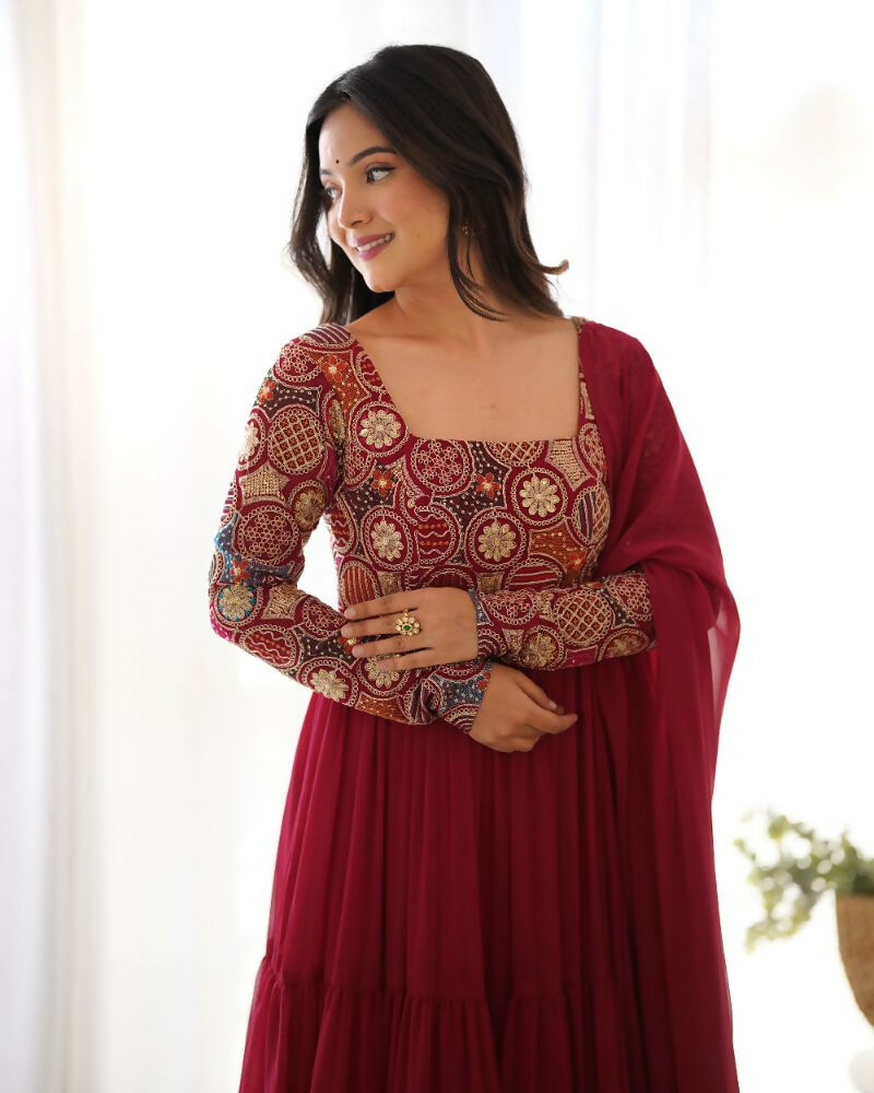 Teeya Creation Maroon Color Faux Georgette Heavy Multi Thread Work Functional Wear Gown