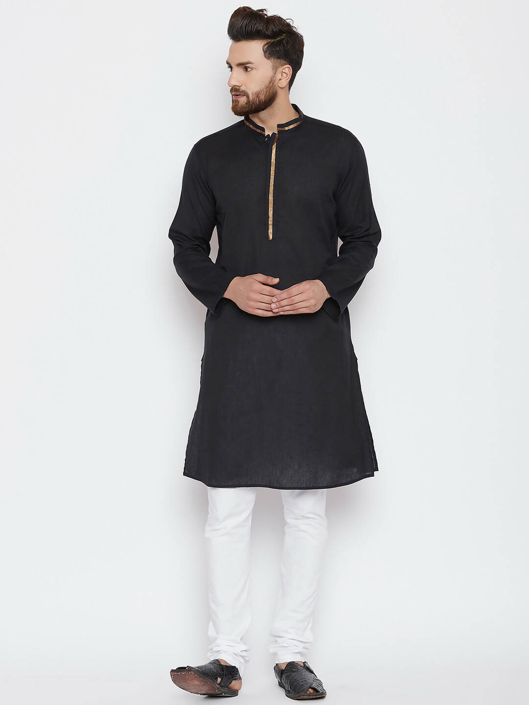 Even Apparels Black Color Pure Cotton Men's Kurta With Band Collar
