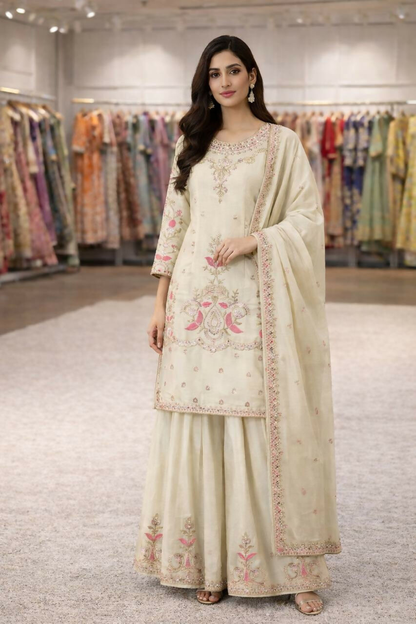 Teeya Creation Cream Chinnon Designer Embroidery Work Party Wear Salwar Suit