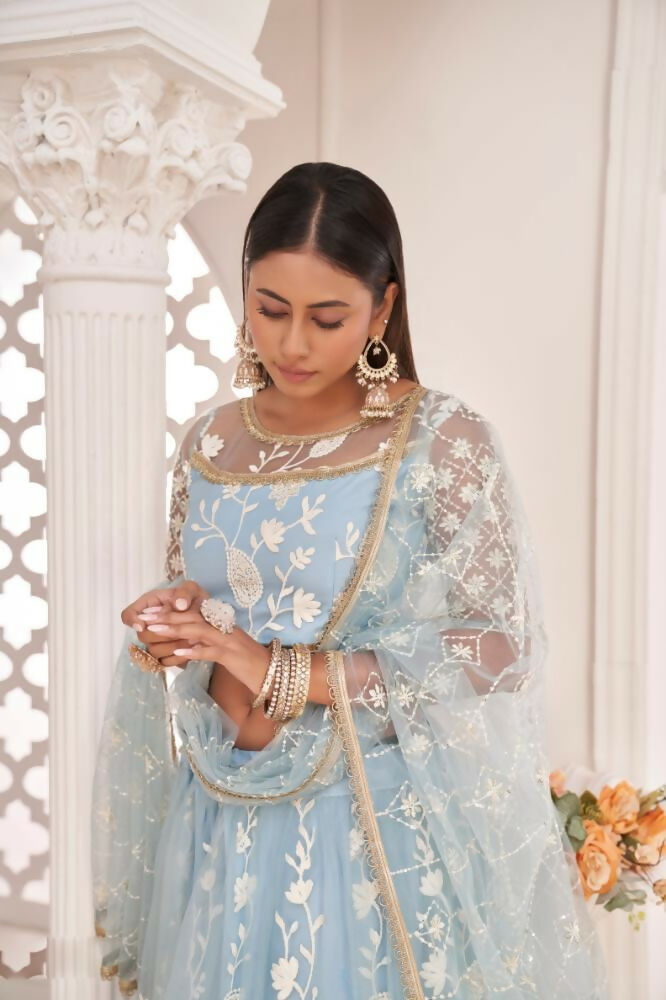 Aastha Fashion Light Sky Butterfly Net White Cotton Thread Work, Zari Work And Sandwich Sequence Work Embroidery Wedding Wear Lehenga Choli