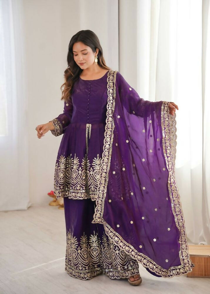Teeya Creation Purple Color Fendy Satin Silk Embroidery Work party Wear Salwar Suit