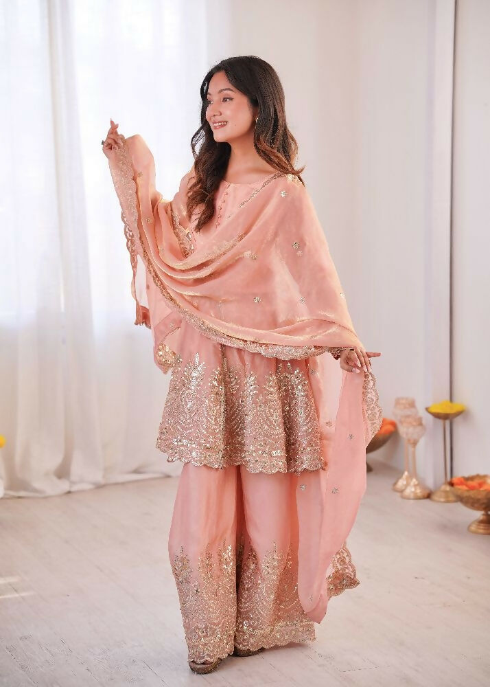 Teeya Creation Light Peach Color Fendy Satin Silk Embroidery Work Party Wear Salwar Suit