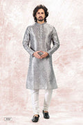 Raivat Ethnic Jacquard Banarasi Silk Digital Print Kurta Pajama In Grey Colour