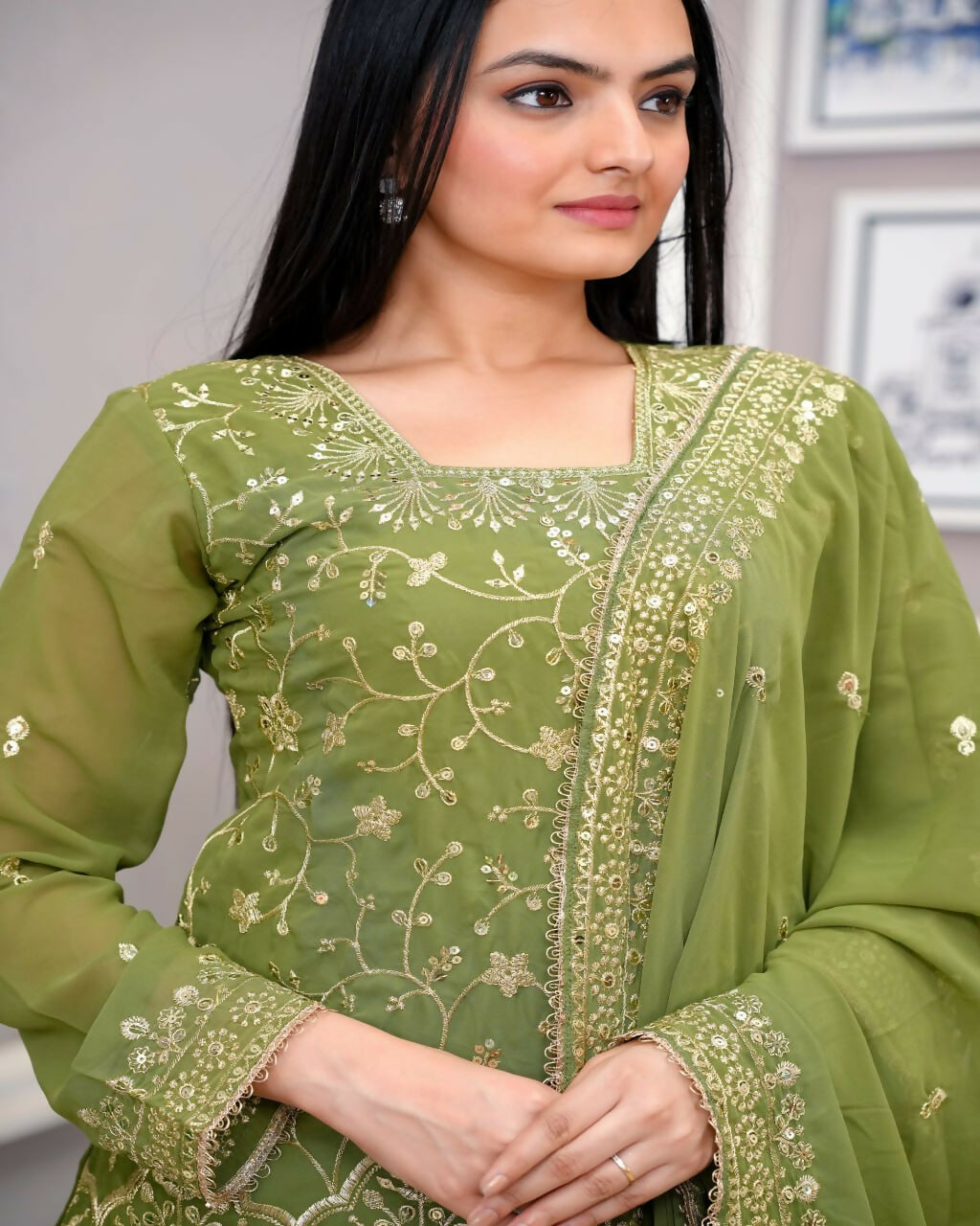 Teeya Creation Mehendi Green Faux Georgette Embroidery Work Sharara Set