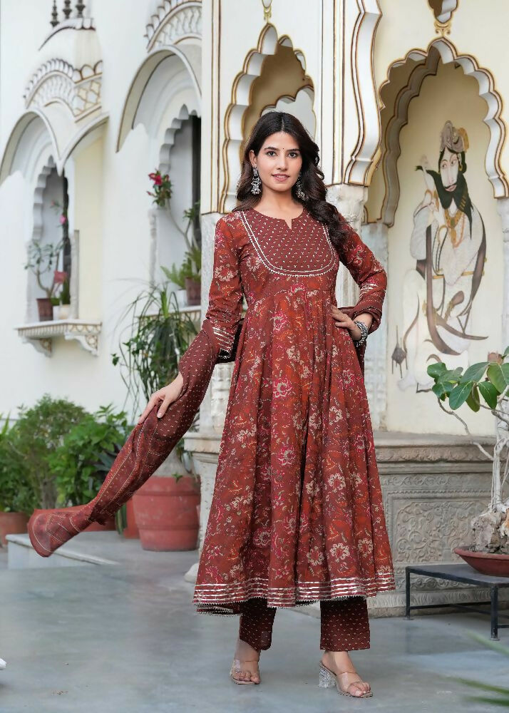 Jaimini Women Cotton Printed Round Neck 3/4 Sleeves Calf Length Flared Kurta Pant And Dupatta Set