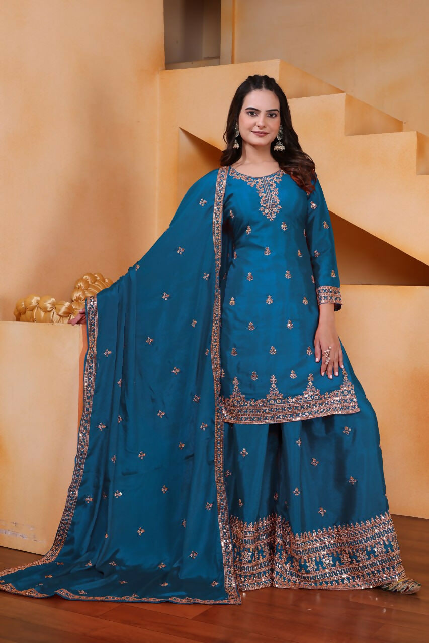 Joban Fashion Teal Silk Embroidered Sharara Set