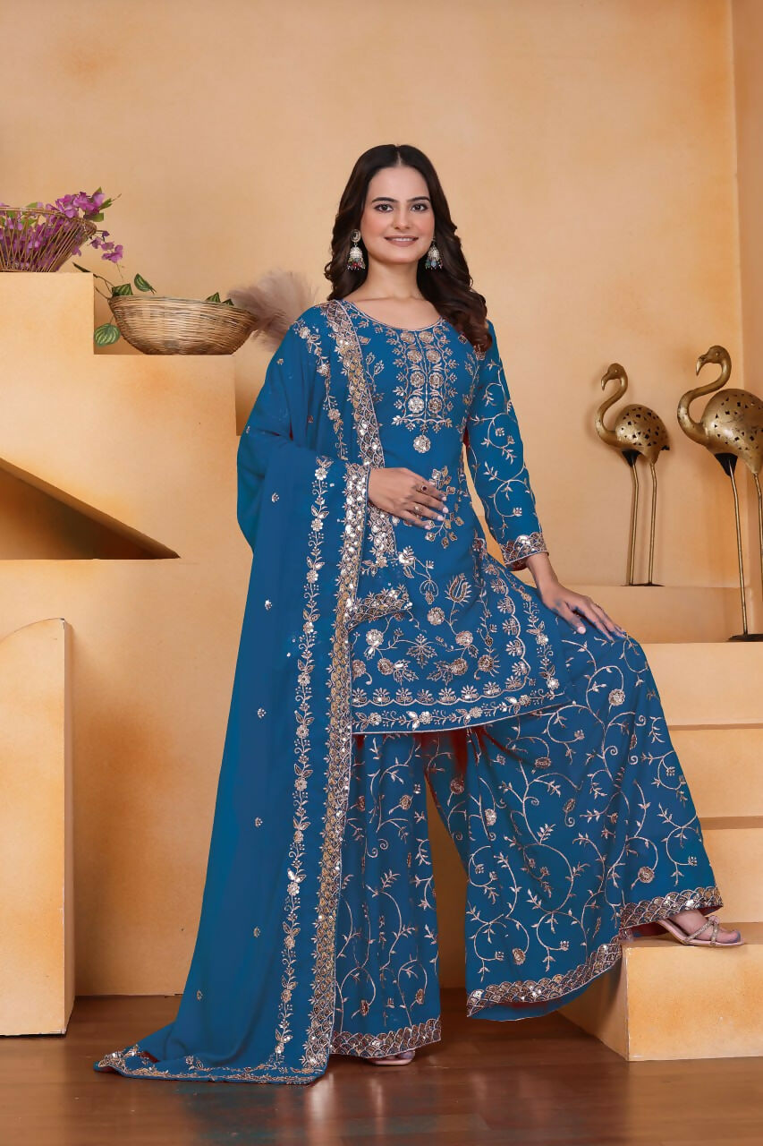 Teeya Creation Blue Color Faux Georgette Embroidery Work Wedding Wear Palazzo Set