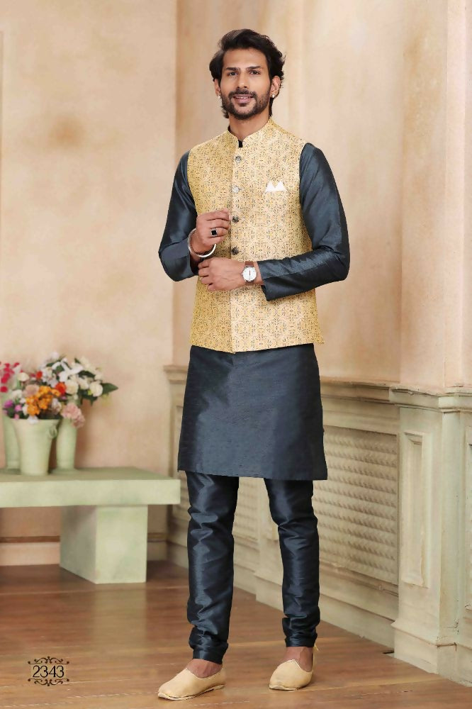 Raivat Ethnic Jacquard Banarasi Silk Woven Work 3 Pics Jacket Set In Beige Colour