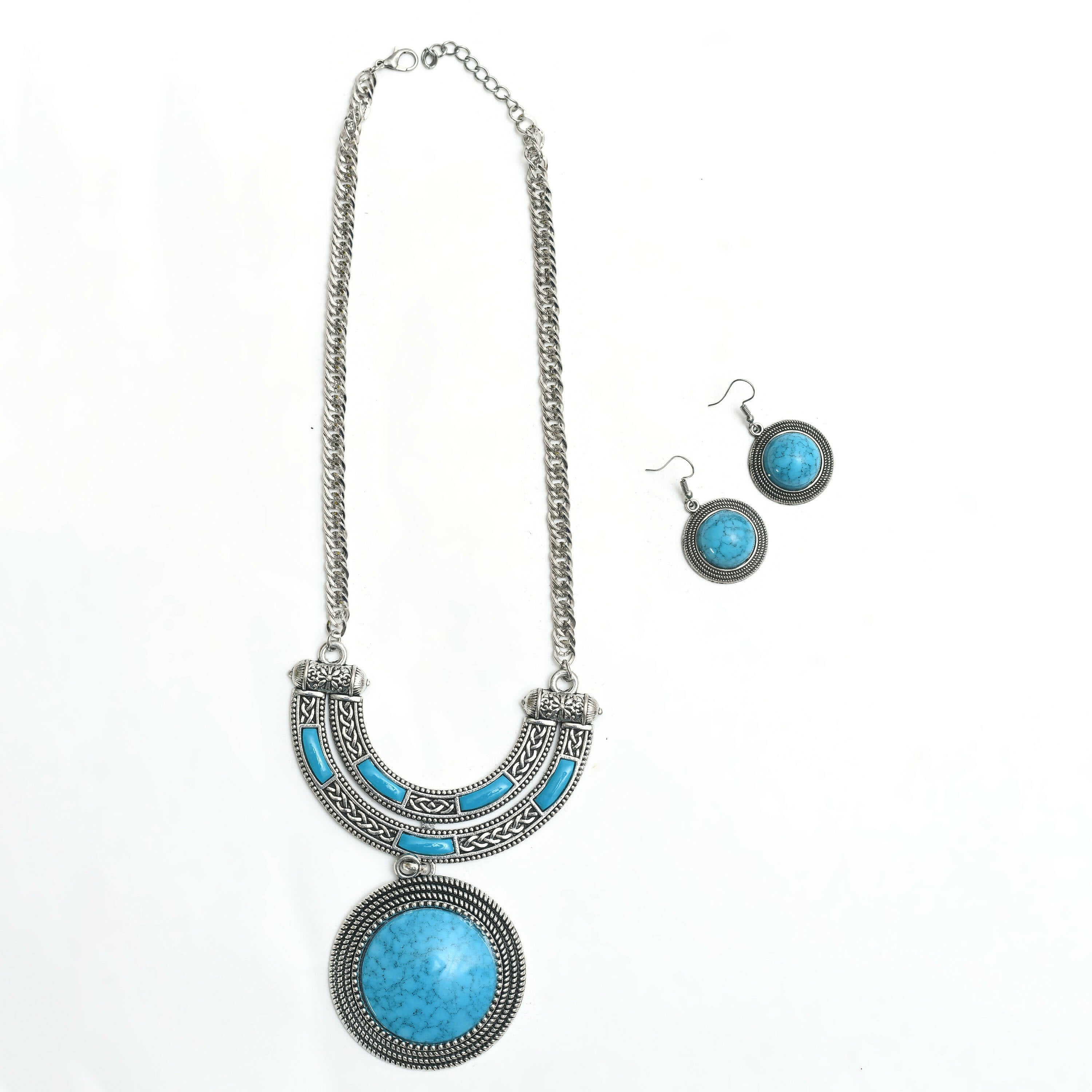 Mominos Fashion Johar Kamal Oxidised Silver-Plated Stone Work Long Necklace Handicraft Sky Blue