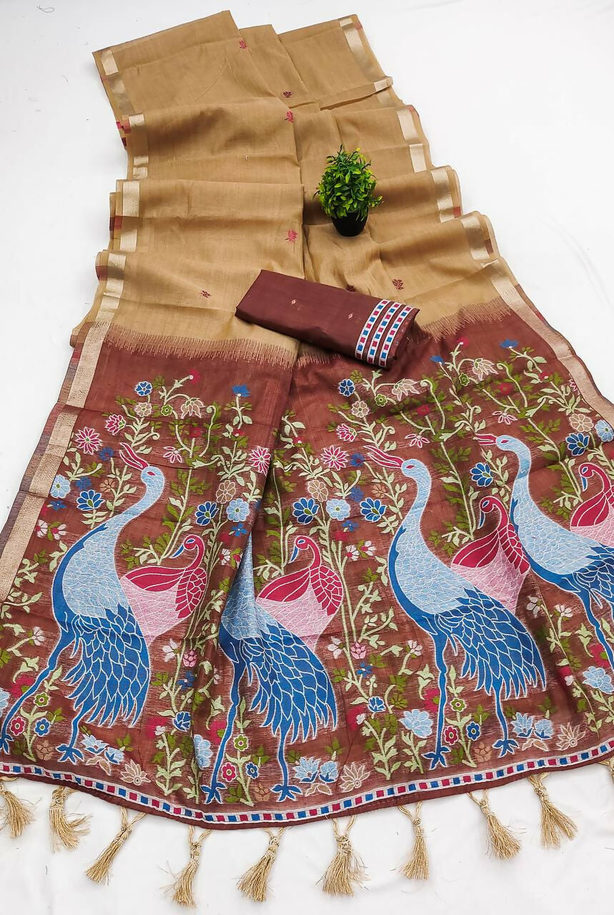 Vastranavya Cream Muga Cotton Meenakari & Azarakh Pallu Saree with Contrast Blouse