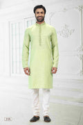 Raivat Ethnic Linen Cotton Thread Work Kurta Pajama In Pista Green Colour