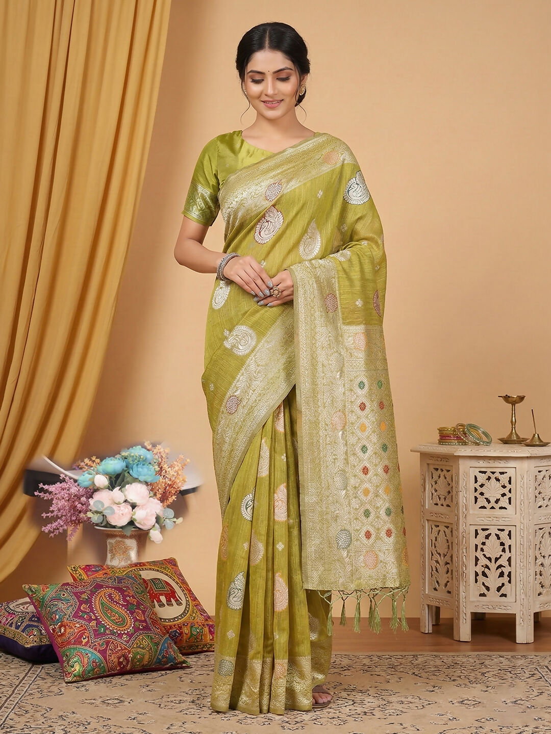 Shree Shyam Fashion Mustard Linen Cotton Saree