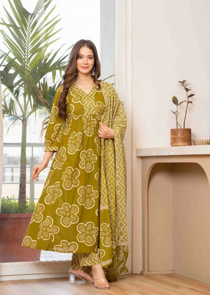 Jaimini Women Cotton Printed V-Neck 3/4 Sleeves Calf Length Flared Kurta Pant And Dupatta Set