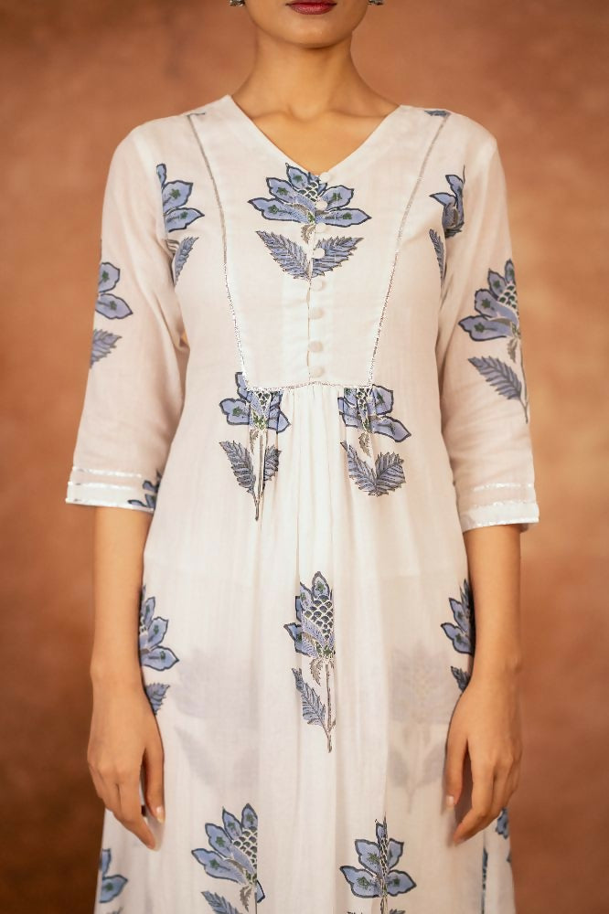 Joban Fashion Off White Blue Hand Block Printed Cotton Suit Set