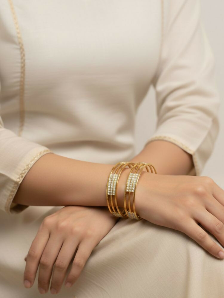 NVR Women Set of 2 Gold Plated CZ Stone Kada Bangle