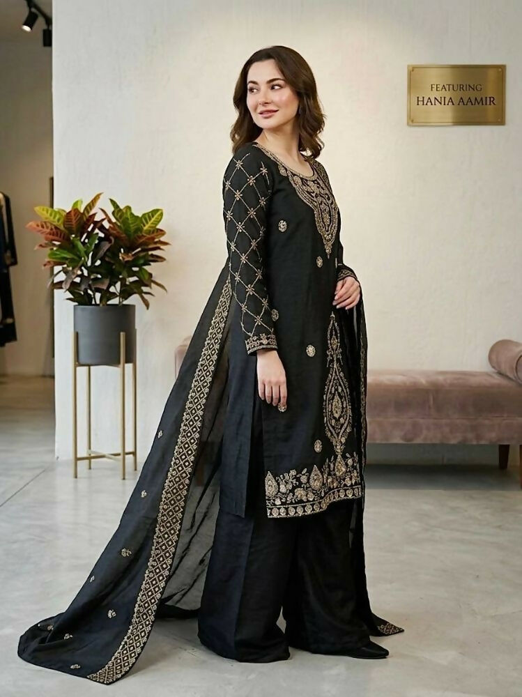 Teeya Creation Black Color Gimmychu Silk Embroidery Work Wedding Wear Salwar Suit