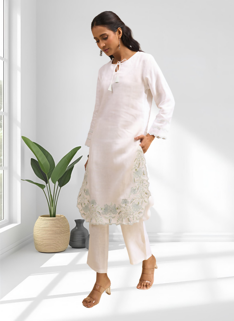 Joban Fashion Off White Linen Embroidered Readymade Cord Set