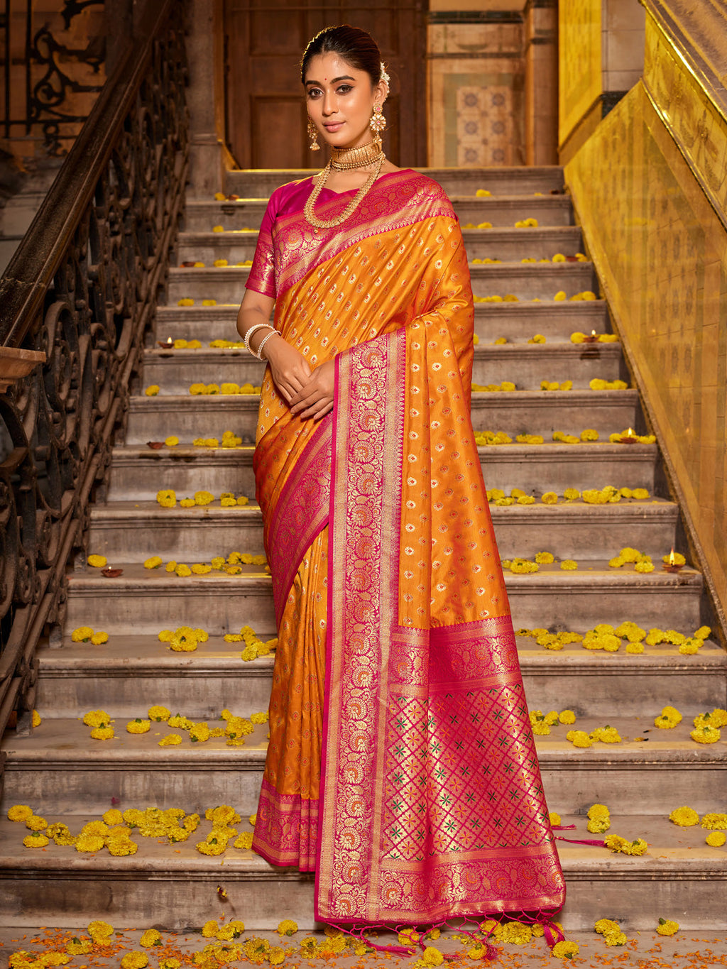 Anaita Mustard Banarasi Saree With Blouse Piece