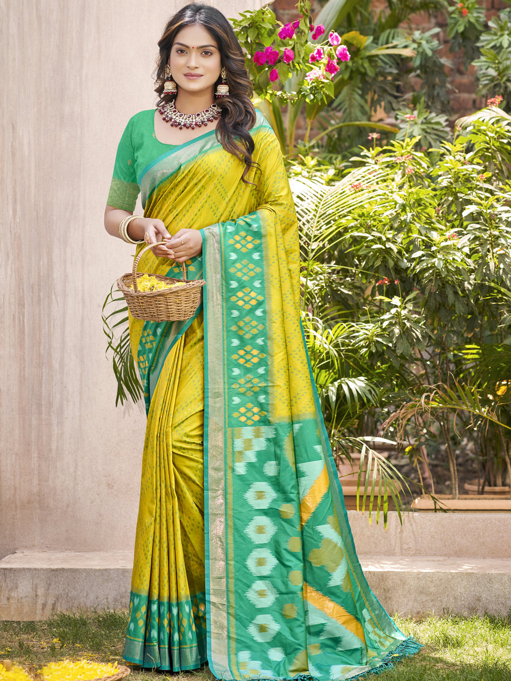 Anaita Mustard Pochampally Silk Saree With Floral Printed Work With Blouse