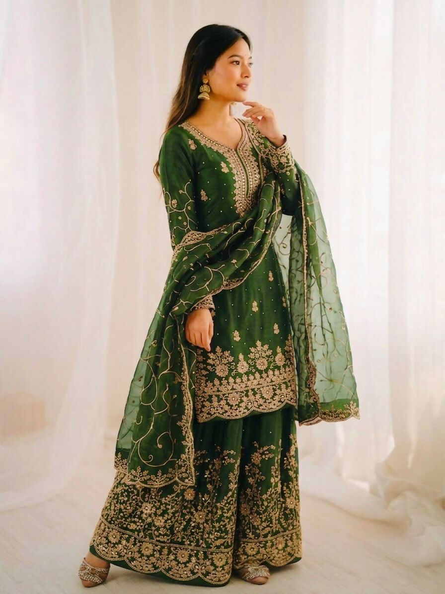 Teeya Creation Green Color Gymmi Silk Embroidery Work Wedding Wear Sharara Set