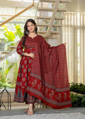 Jaimini Women Cotton Printed Round Neck 3/4 Sleeves Calf Length Flared Kurta Pant And Dupatta Set