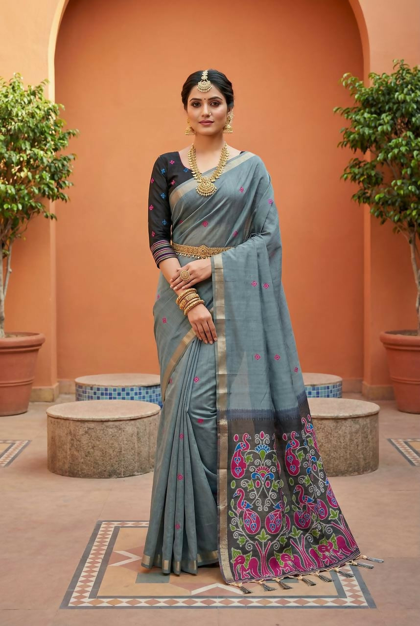 Vastranavya Grey Muga Cotton Meenakari & Azarakh Pallu Saree with Contrast Blouse