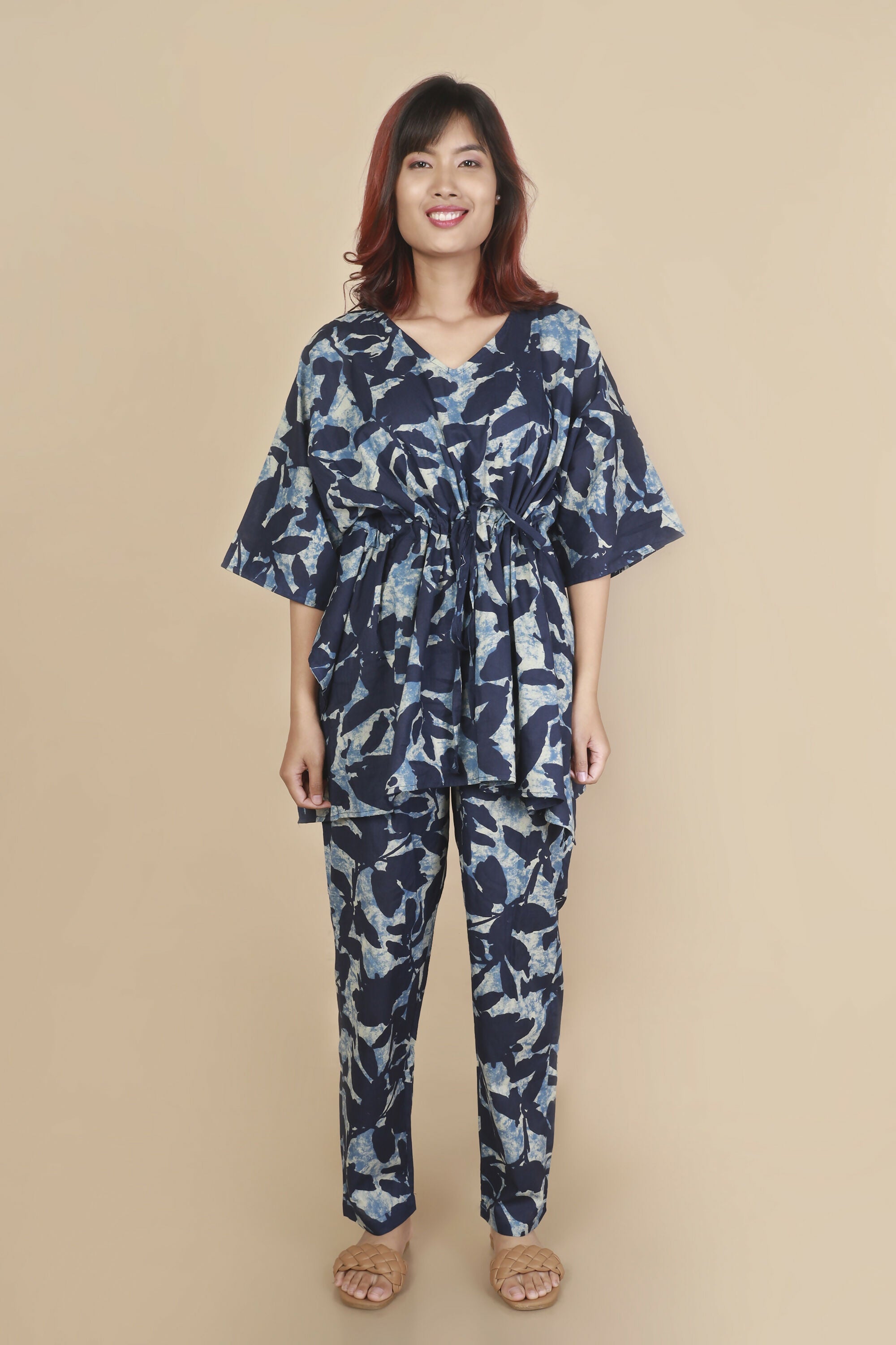 Breathables Women’S Loungewear Kaftan Cotton Blue Floral Print Co-Ord Set