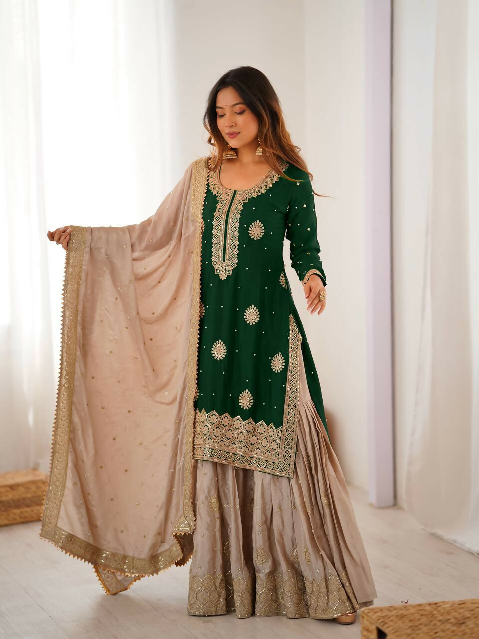 Lehenga Mart Designer Sharara Suit With Kurta, Sharara, Dupatta For Women-Green