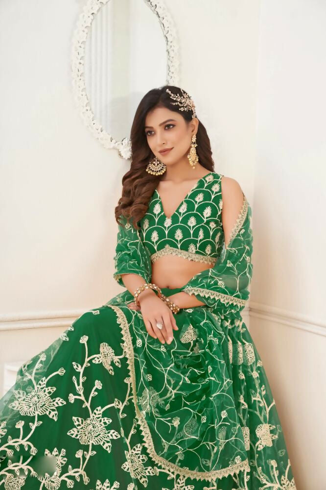 Aastha Fashion Parrot Green Butterfly Net White Cotton Thread Work And Sequence Work Embroidery Wedding Wear Lehenga Choli