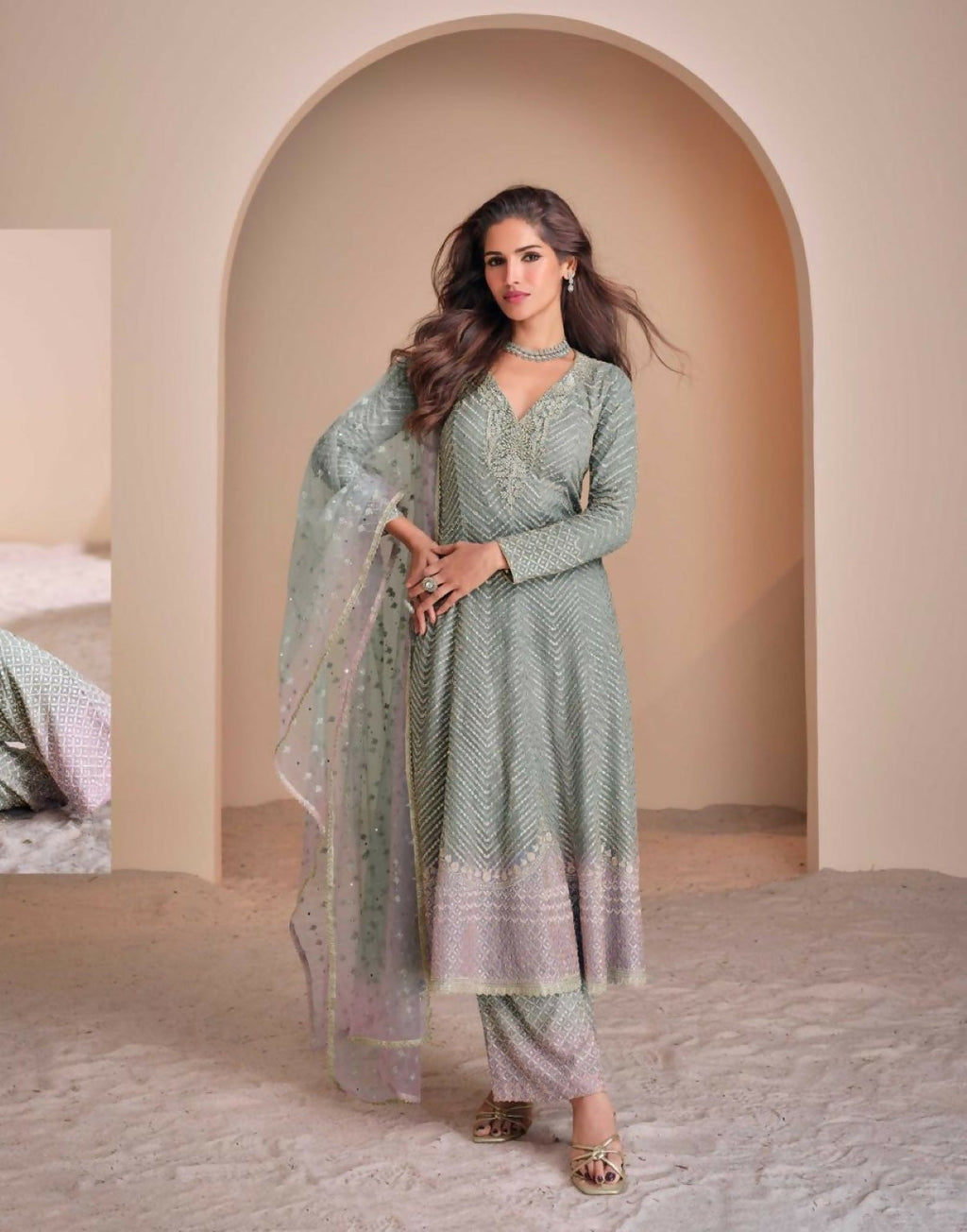 Anaita Sky-Blue Georgette Readymade Suit with Codding Dori & Sequence Work