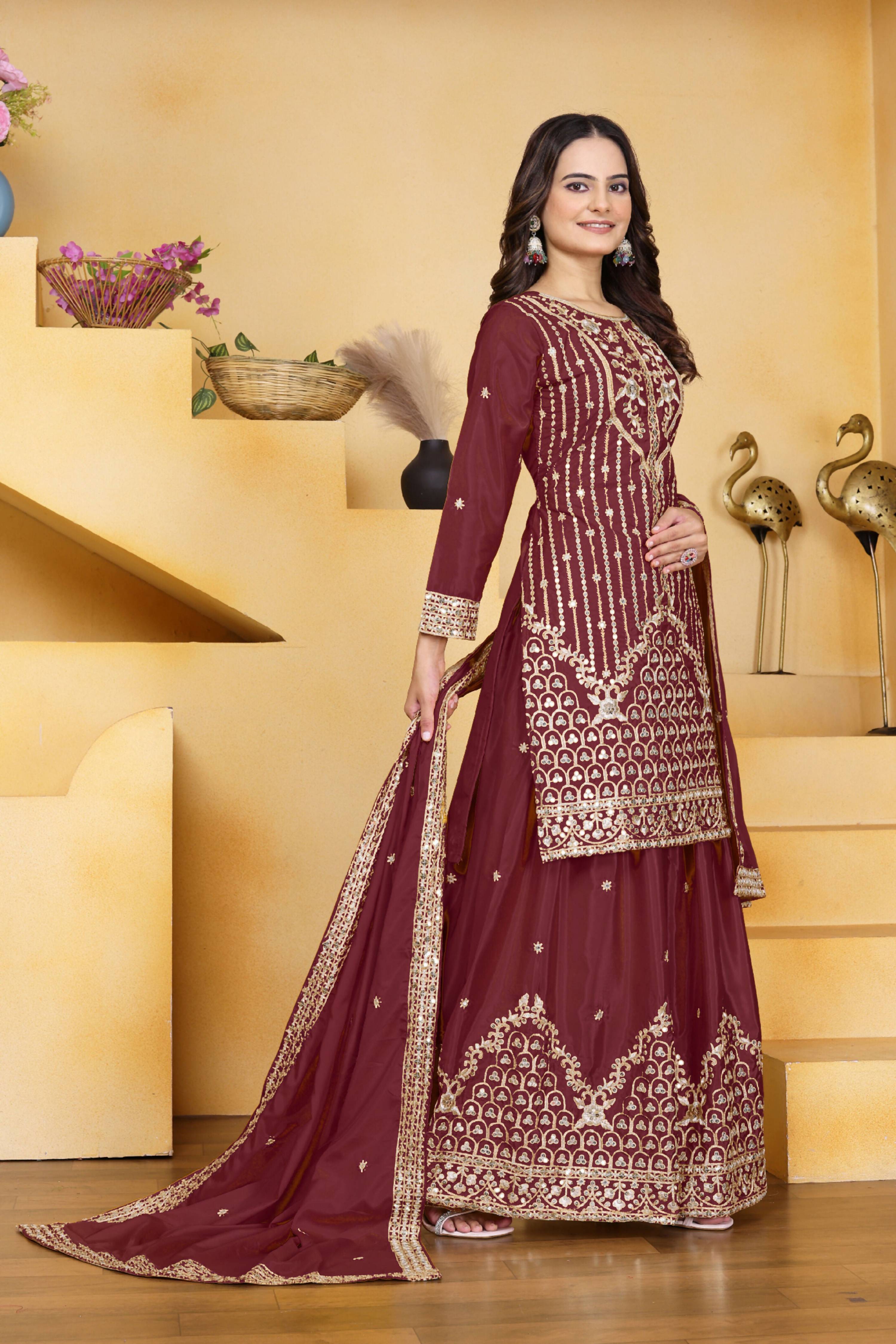 Lehenga Mart Designer Sharara Suit With Kurta, Sharara, Dupatta For Women-Maroon
