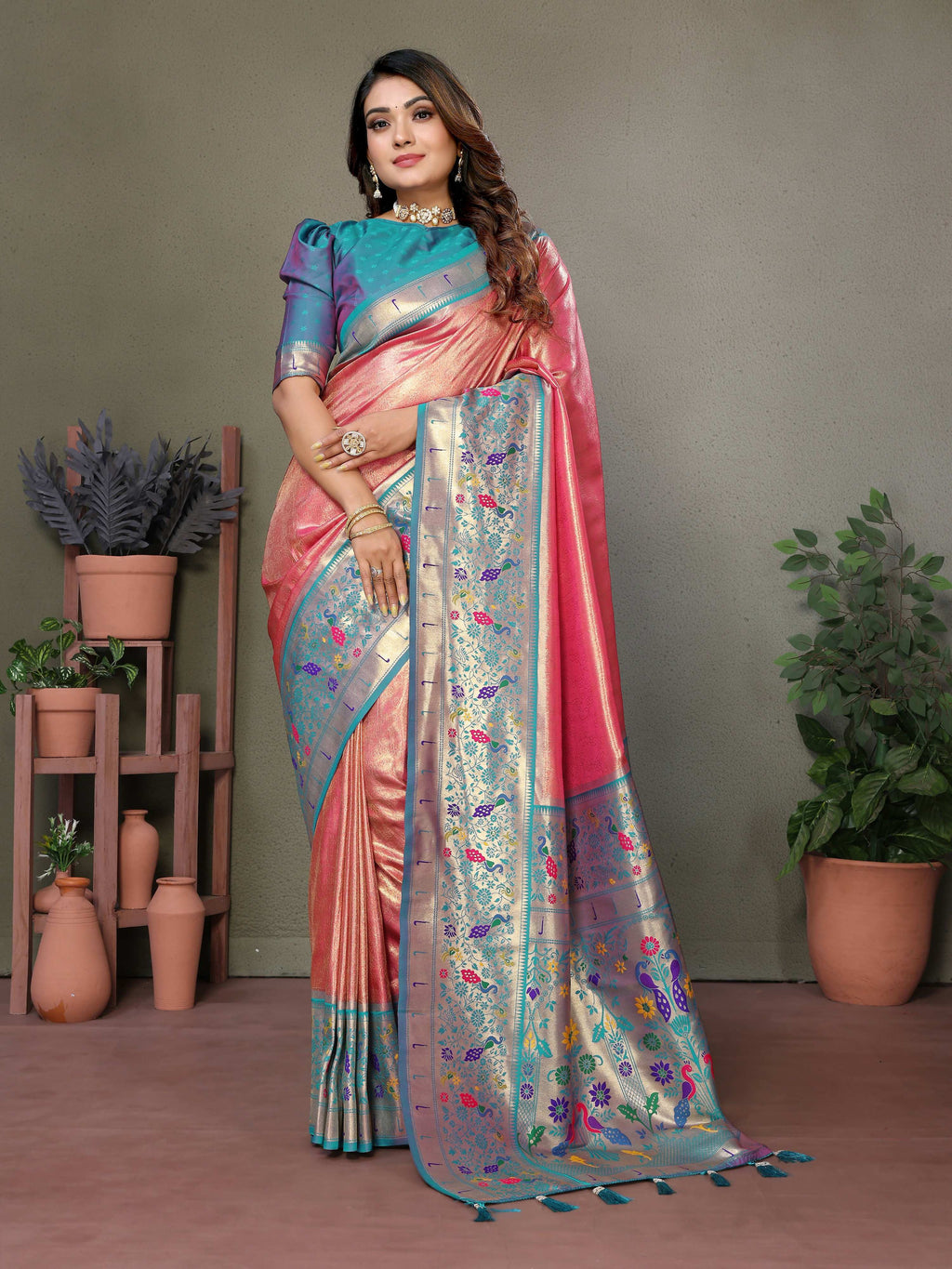 Aastha Fashion Dusty Pink Tissue Silk Paithani Woven Saree