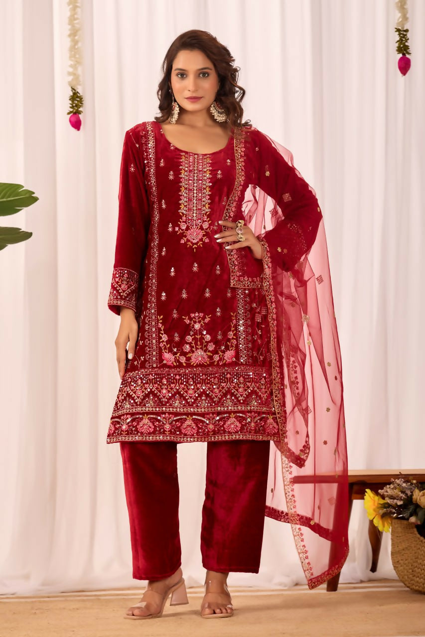 Joban Fashion Red Kurta Set Velvet Embroidery Sequence Work