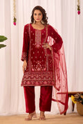 Joban Fashion Red Kurta Set Velvet Embroidery Sequence Work