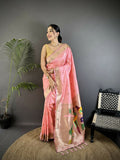 Joban Fashion Light Pink Peacock & Floral Motifs Soft Silk Kanchipuram Saree