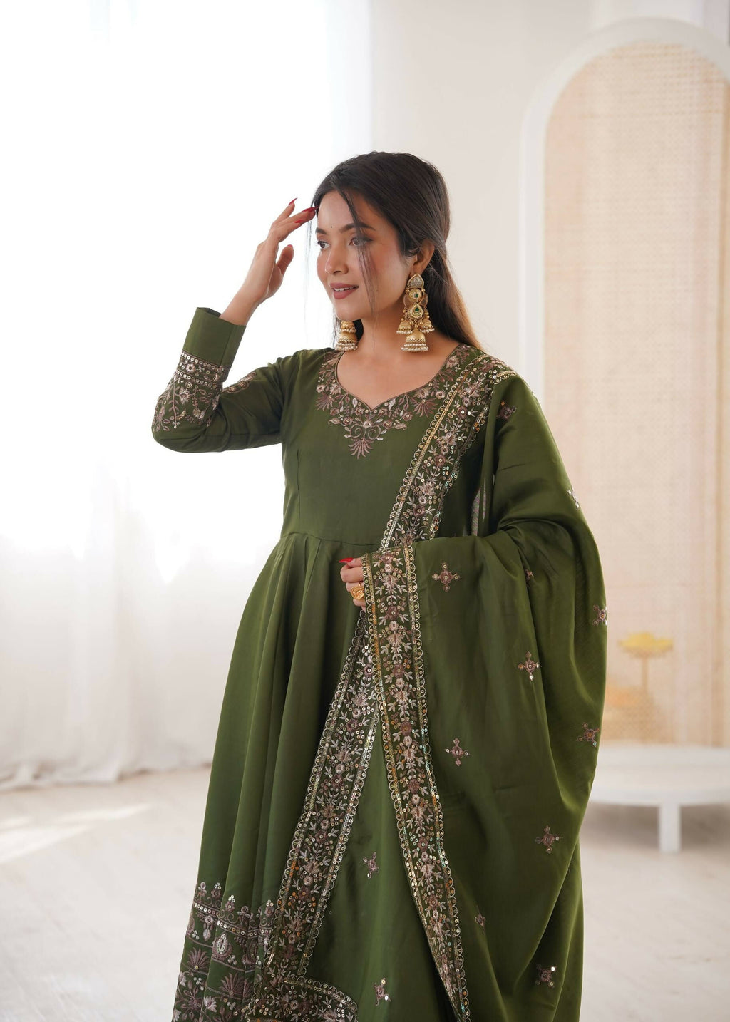 Teeya Creation Green Roman Silk Embroidery Work Party Wear Long Gown