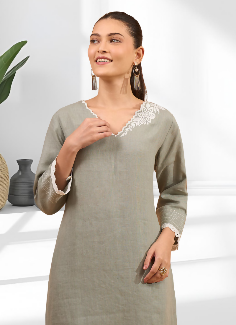 Joban Fashion Gray Linen Embroidered Readymade Long Kurta With Pant