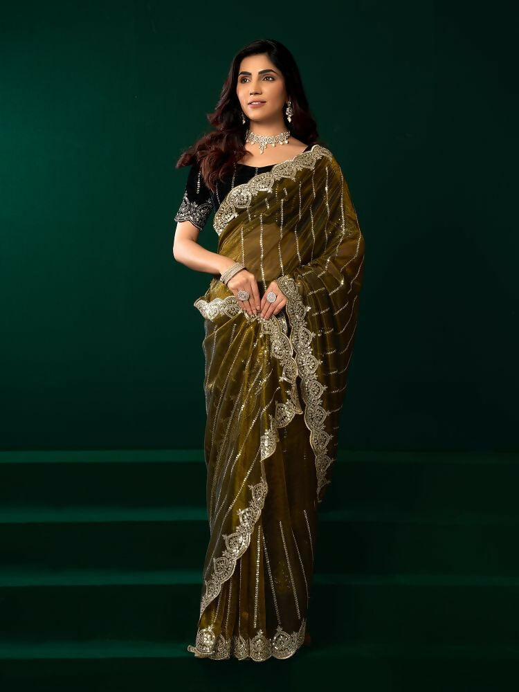 Joban Fashion Mehendi Green Net Party Wear Sarees