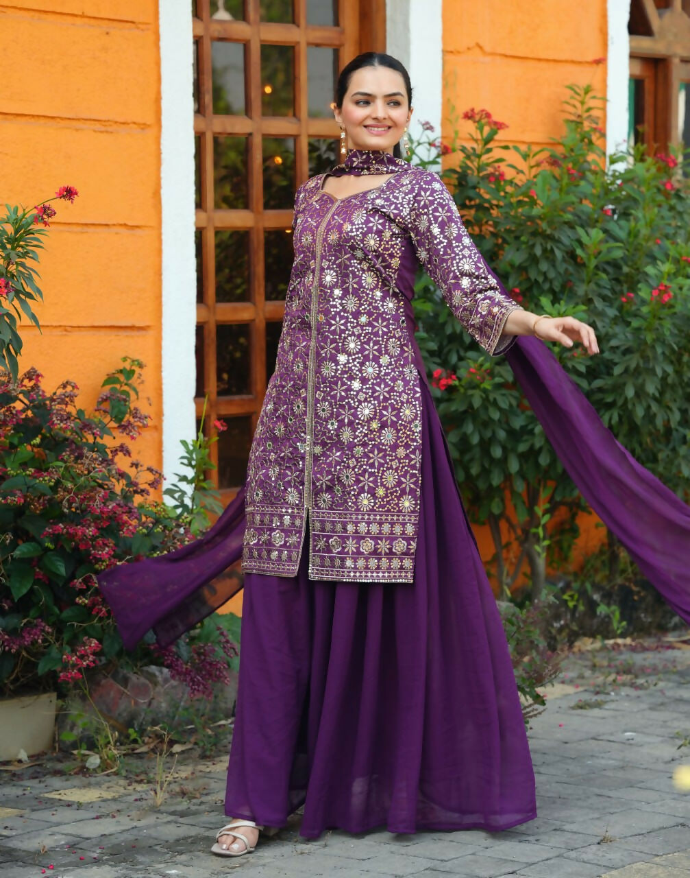 Teeya Creation Wine Color Tapeta Silk Embroidery Work Party Wear Palazzo Set